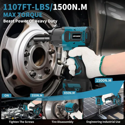 Miniatura 2 de RYOJEGK Llave de impacto de 1500 N.m, pistola de impacto inalámbrica de 1107 pies-libras de 1/2 pulgada, destornillador de impacto de potencia sin