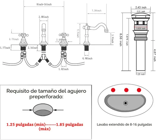 Miniatura 5 de Grifo de lavabo de baño extendido de 8 pulgadas, 2 manijas, 3 orificios, grifo de tocador de baño de latón antiguo, grifo mezclador de lavabo