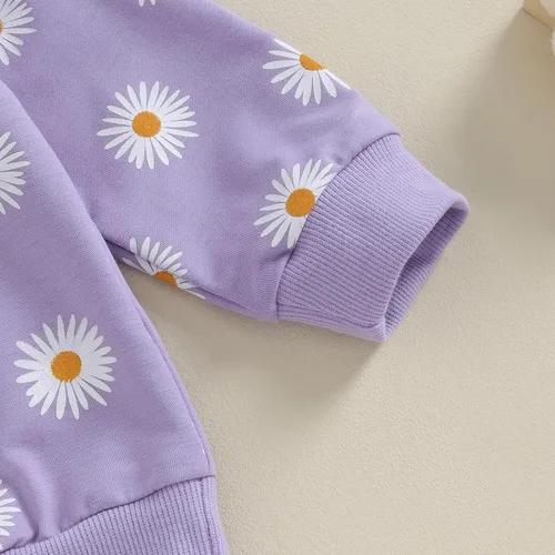 Miniatura 3 de Conjunto de 3 piezas de sudadera de margaritas + pantalones + diadema, ropa infantil de otoño e invierno