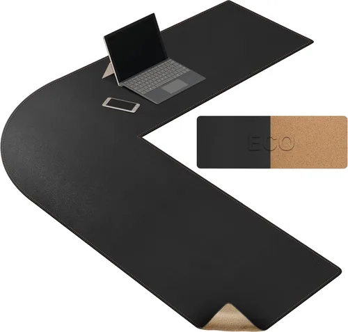 Miniatura 7 de MAIDERN Tapete de escritorio esquinero en forma de L (40 + 40 pulgadas) x 13 pulgadas, corcho y cuero, tapete de escritorio de doble cara para Negro