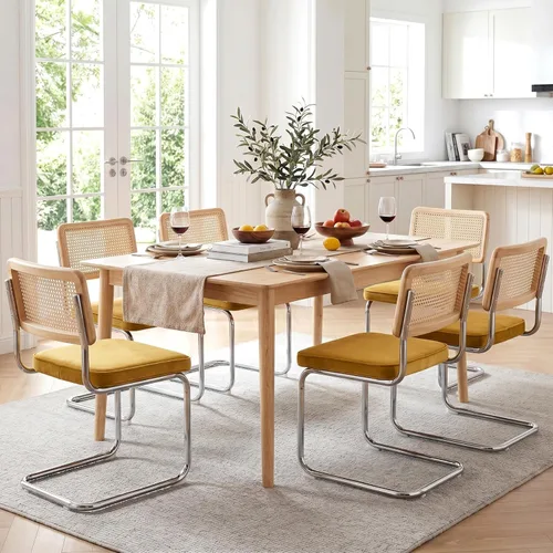 Miniatura 23 de Zesthouse Juego de 4 sillas de comedor de ratán natural, sillas de comedor modernas de mediados de siglo con respaldo de madera maciza y base
