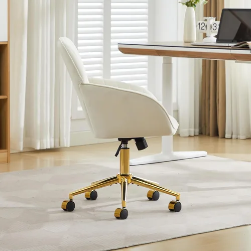 Miniatura 5 de YITAI Silla de escritorio de terciopelo con ruedas y base dorada, silla de tocador tapizada moderna ajustable en altura con giro de 360 grados