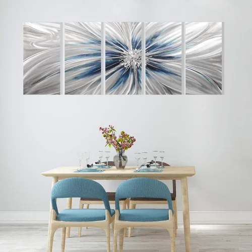Miniatura 8 de RICHSPACE ARTS Arte moderno de pared de metal grande flor azul y plata escultura decoración con textura 3D juego de 5 piezas Azul y plateado