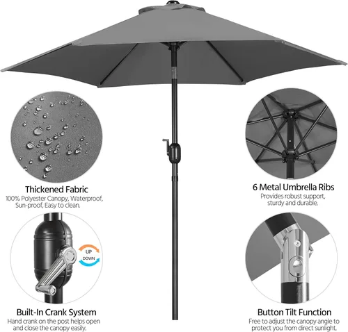 Miniatura 4 de Yaheetech Sombrilla de patio de 7.5 pies con 6 varillas resistentes, botón de inclinación y manivela para jardín, césped, cubierta, patio, piscina