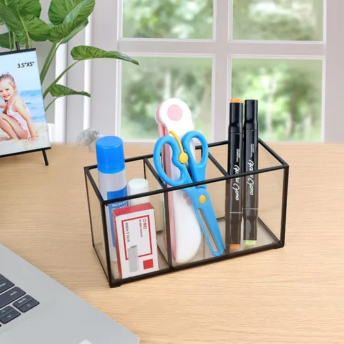 Miniatura 4 de ELEGANTLIFE Organizador de brochas de maquillaje de vidrio transparente, lujoso soporte de almacenamiento de cepillos de cosméticos de vidrio Negro