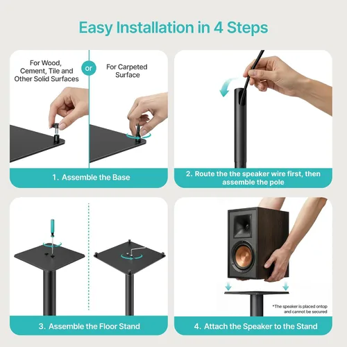 Miniatura 9 de Par de soportes para altavoces, altura fija de 30 pulgadas, capacidad de peso de 55 libras, base de 11.8 pulgadas, gestión de cables, soporte