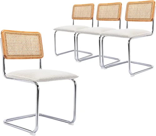 Miniatura 4 de Juego de 4 sillas de comedor de ratán modernas de mediados de siglo, sillas de cocina Boucle con respaldo de ratán de malla tejida a mano y patas