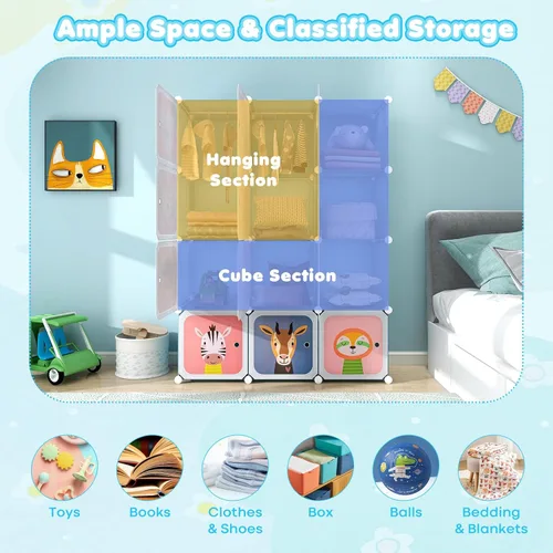 Miniatura 4 de Costzon Armario para Niños, Organizador de Almacenamiento Modular de Tocador de Dibujos Animados DIY con 12 Cubos y 2 Percheros para Colgar Ropa