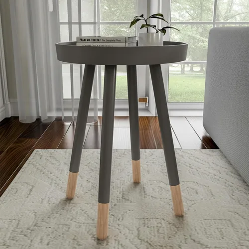Miniatura 9 de Lavish Home - Mesa auxiliar redonda, soporte moderno de madera de mediados de siglo de 2 tonos con bandeja superior para guardar bebidas