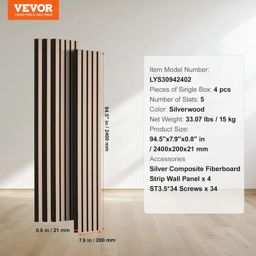 Miniatura 7 de VEVOR Panel Acústico de Listones de Madera, 7.9 x 94.5 pulgadas, Pared de Acento MDF de 4 Piezas, Tablero de Madera Falsa para Decoración