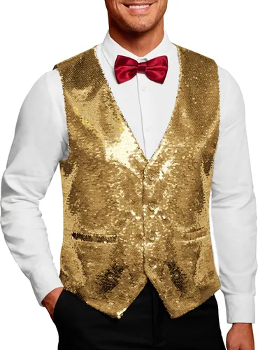 COOFANDY Chaleco de lentejuelas para hombre, ajustado, chaleco de fiesta de Navidad, chaleco brillante para bodas, bailes, eventos
