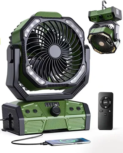 Ventilador de campamento con control remoto, ventiladores de tienda de campaña recargables de 30000 mAh con luz LED y gancho, ventilador USB-C