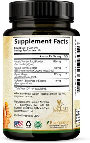 Miniatura 9 de Suplemento de curcumina de cúrcuma de 1750 mg con cúrcuma y jengibre orgánicos, 95% curcuminoides, pimienta negra BioPerine para una mejor