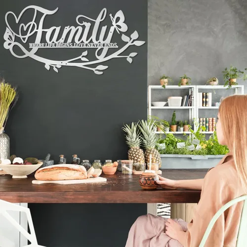 Miniatura 5 de AUHOKY Letrero de metal con texto en inglés «Family Where Life Begins Love Never Ends» («Family Where Life Begins Love Never Ends») de metal, Plata