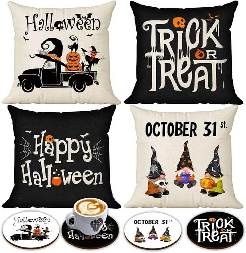 Miniatura 7 de Juego de 4 fundas de almohada de Halloween de 18 x 18 pulgadas, funda de almohada de lino suave con castillo de gato negro, decoración rústica