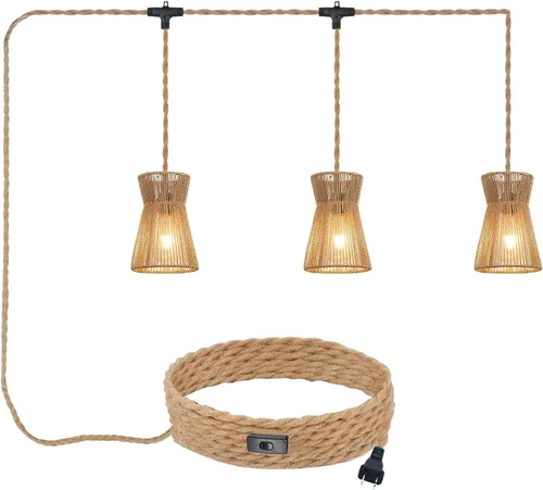 Miniatura 11 de Lámpara Colgante Enchufable de 15 pies con Cable, Interruptor Regulable, Lámpara Colgante de Ratán con Mimbre Tejido a Mano, Candelabro Enchufable