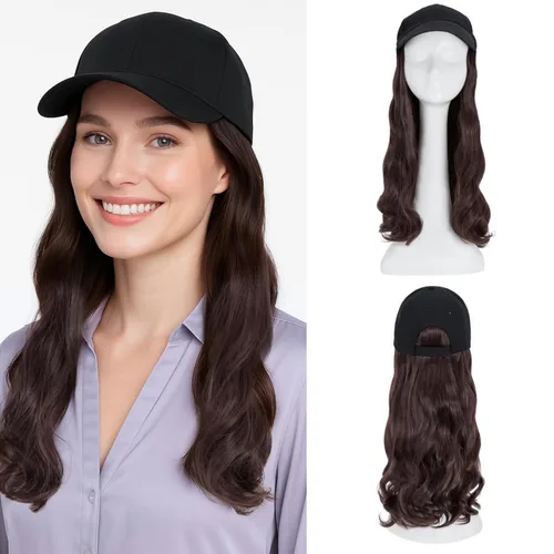 Miniatura 9 de SEGO - Peluca de gorra con pelo adjunto para mujer, gorra negra de béisbol con extensiones de pelo, gorra de béisbol larga y ondulada con ajuste