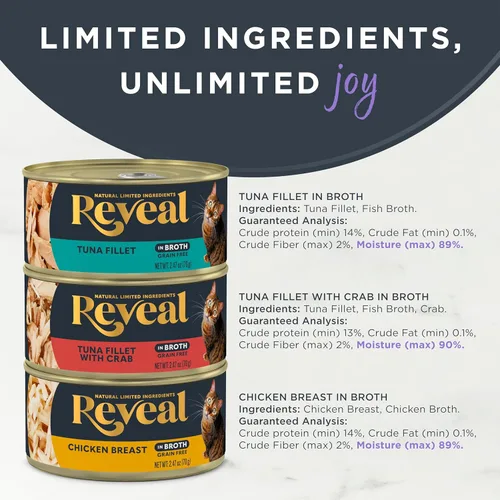Miniatura 3 de Reveal Fish & Chicken - Paquete variado de comida húmeda para gatos en caldo, paquete de 12, 3 sabores, proteínas, ingredientes limitados, sin