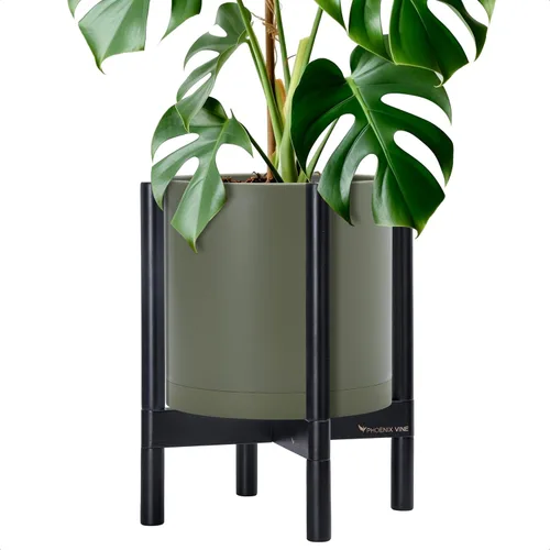 Miniatura 55 de Maceta de D'vine Dev con soporte - Maceta de flores de cilindro de plástico de 8.0 pulgadas con soporte de madera para interiores, maceta mate negra
