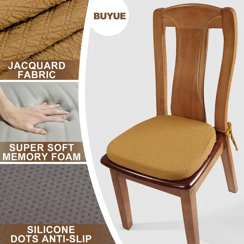Miniatura 5 de BUYUE Juego de 6 cojines para silla de espuma viscoelástica de lujo, cojines para silla de comedor en forma de U de 16" de jacquard, cómodos, Ocher