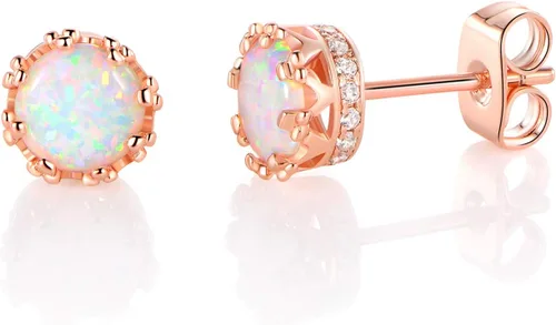 MDFUN Aretes chapados en oro rosa para mujer, 0.236 in, corona brillante redonda, piedra natal, regalo de cumpleaños