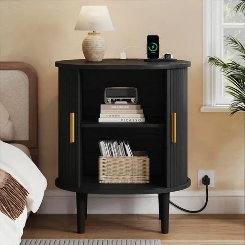 Miniatura 3 de DHH Mesita de noche moderna de mediados de siglo con estación de carga, mesa auxiliar acanalada con puerta corredera y estante ajustable, mesa Negro