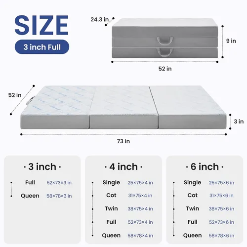 Miniatura 2 de Colchón plegable tamaño matrimonial, colchón plegable de espuma viscoelástica de 3 pulgadas, sofá cama plegable con funda transpirable y lavable
