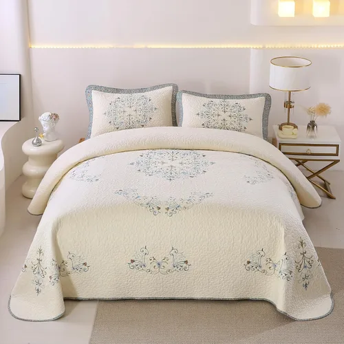 Miniatura 2 de vctops Juego de edredón acolchado bordado floral bohemio de 3 piezas, tamaño Queen, 100% algodón, ligero y reversible, para todas las estaciones