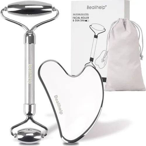 Bealihelp Rodillo Facial y Gua Sha, Rodillo Facial de Acero Inoxidable y Herramienta Guasha para la Cara, Rodillo de Cuidado de la Piel para Arrugas