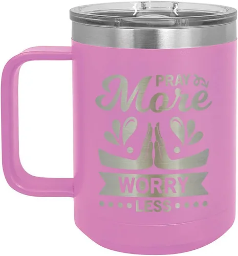 PRAY MORE WORRY LESS Light Pink 15 oz Coffee Cup w/Slide Top Lid | Insulated Travel Coffee Mug | Unique Gift Ideas From Women or Men | Compare Price