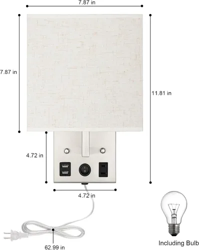 Miniatura 2 de Juego de dos apliques de pared negros, luces de pared de noche para dormitorio, aplique de pared enchufable con puertos USB y tomas, lámpara