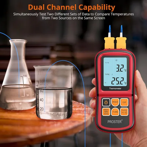 Miniatura 6 de Proster tester medidor de temperatura con retroiluminación LCD de dos canales con termómetro y termopar digital para clase K/J/T/E/R/S/N, con dos