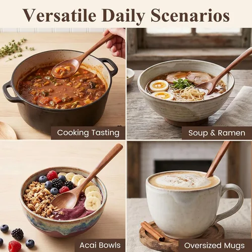 Miniatura 3 de HAKSEN Cucharas de madera para comer, cuchara de sopa de madera de 8.2 pulgadas con mango largo para comida coreana, comida diaria, salsa, café, 6