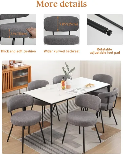 Miniatura 5 de DYHOME Juego de 2 sillas de comedor grises, modernas sillas tapizadas de sherpa boucle de mediados de siglo con cojines de 3.94 pulgadas y patas