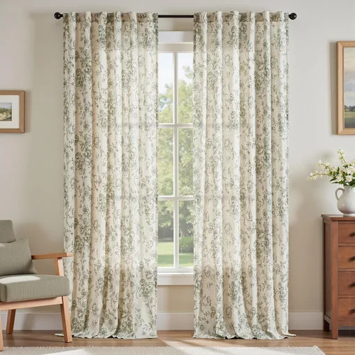 Miniatura 32 de Jinchan Cortinas de Mezcla de Lino con Estampado Floral para Sala de Estar, 84 Pulgadas de Largo, Cortinas con Bolsillo para Varilla y Tab Trasera