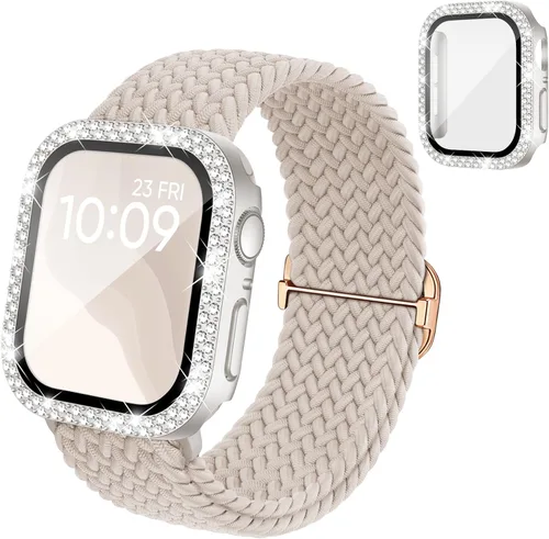 Miniatura 12 de Correa trenzada elástica compatible para bandas de Apple Watch para mujeres y estuche de 40 mm, 41 mm, 42 mm, 44 mm, 45 mm, 46 mm, protector