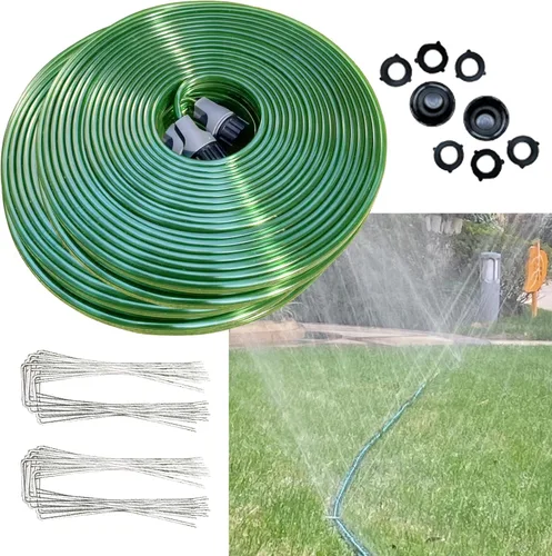 Miniatura 8 de SECBULK Manguera de Aspersión Plana de 50 Pies para riego de césped, manguera de remojo de jardín con agujeros, manguera de agua resistente y ligera