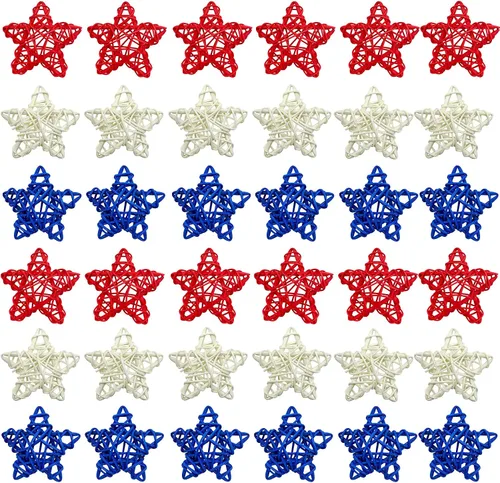 EBaokuup 36 estrellas de ratán natural del 4 de julio, estrellas de ratán de mimbre de 1.96 pulgadas, color rojo, blanco y azul, para decoración del
