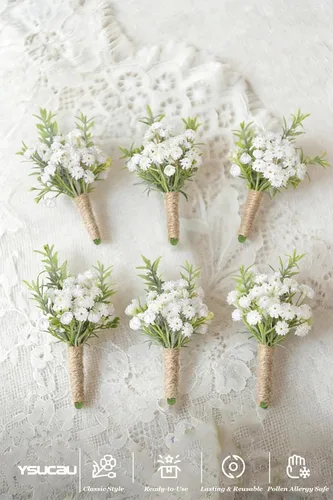 Miniatura 2 de Boutonnieres de aliento de bebé para hombre, juego de 2, blanco natural para novio y padrinos de boda con pin para boda rústica de otoño, vintage
