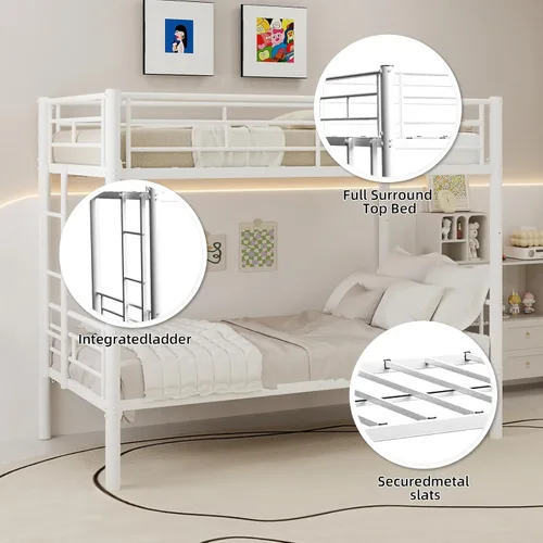 Miniatura 5 de GNIXUU Litera de metal individual sobre individual, literas modernas con escalera y barandilla de longitud completa, litera resistente para Blanco