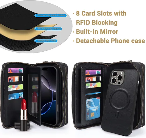 Miniatura 4 de Harryshell Funda compatible con iPhone 13 Pro Max de 6.7 pulgadas 2021, con múltiples cremalleras, funda magnética desmontable con ranuras para Negro