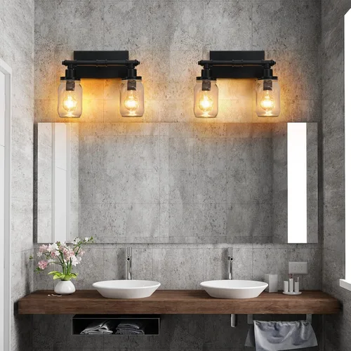 Miniatura 8 de Lámpara de tocador de baño de 2 luces, lámpara de baño negra, aplique de pared industrial de granja con pantallas de vidrio, lámpara de tocador