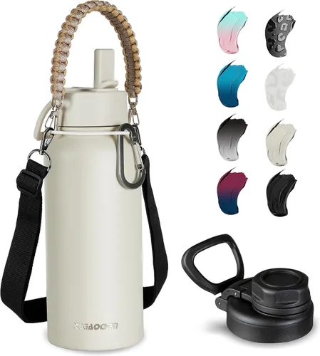 Miniatura 34 de KXIAOCHEN Botella de agua aislada, botella de agua de acero inoxidable, 2 tapas (con pajilla y tapa con asa), botellas de agua metálicas de boca