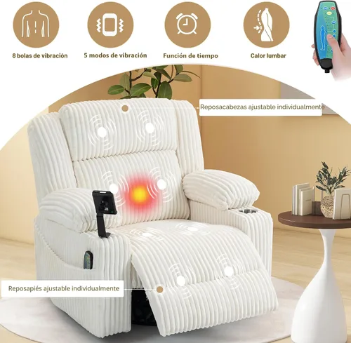 Miniatura 4 de SINCRUMI Mecedora reclinable giratoria de gran tamaño con reposacabezas ajustable de doble motor para adultos, mecedora con vibración y calor