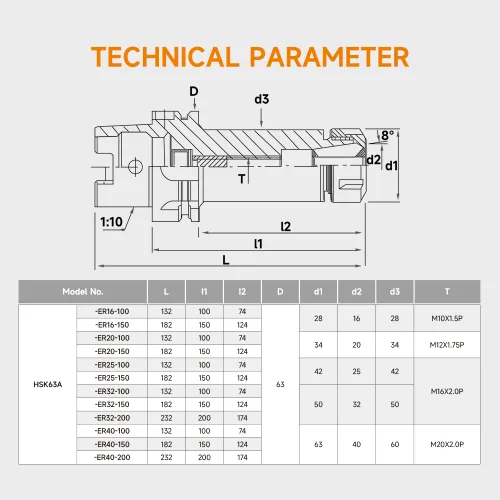 Miniatura 8 de HSK63A ER Portaherramientas con tuerca deslizante, HSK63A-ER20-100 Soporte de bloque de portabrocas G2.5/25000 RPM Aplicar para máquina herramienta