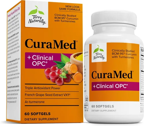 Terry Naturally CuraMed + OPC – 60 cápsulas blandas – BCM-95 Curcumina y semilla de uva francesa VX1 suplemento que apoya la salud del cerebro,