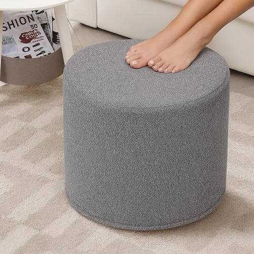 Miniatura 11 de Taburete otomano de pana blanca – Reposapiés de tela de pana boucle texturizado con espuma suave, puf redondo ligero para sala de estar acogedora