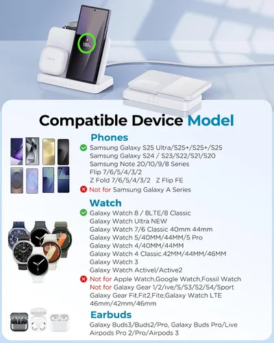 Miniatura 2 de EGV Cargador inalámbrico para Samsung - Estación de carga inalámbrica 3 en 1 para Galaxy S25 Ultra S24 S23, Z Fold Flip 7/6, cargador de reloj