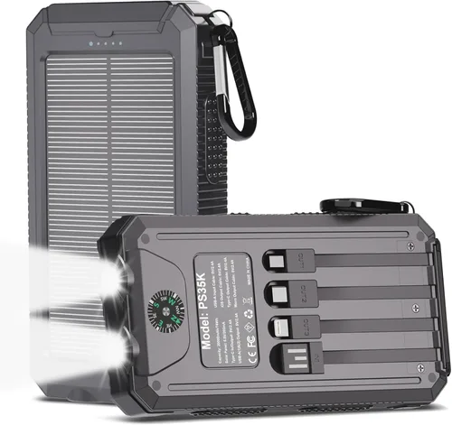 Cargador solar de batería de 20,000 mAh, cargador de teléfono portátil, 4 cables para exteriores, impermeable, cargador de energía de respaldo Gris