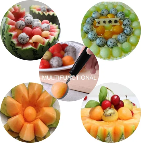 Miniatura 3 de 4 piezas de cuchara de bola de helado de fruta de doble extremo, bola de melón de acero inoxidable, bolas de melón redondas lisas para sandía